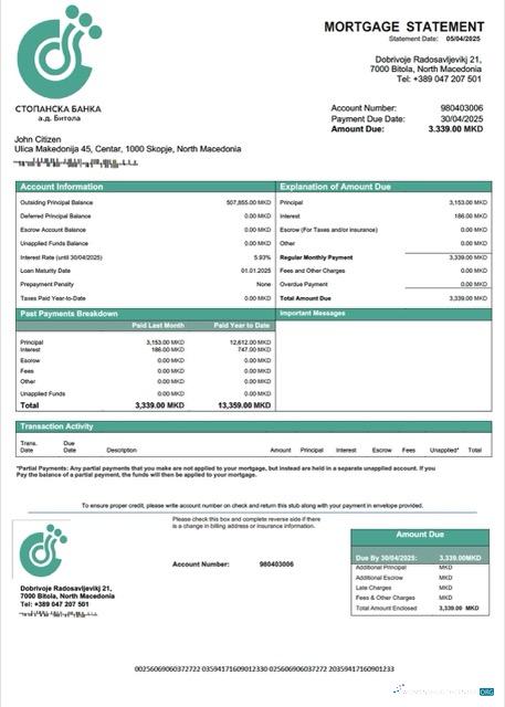 North Macedonia Stopanska Banka AD Bitola mortgage statement Word and PDF template